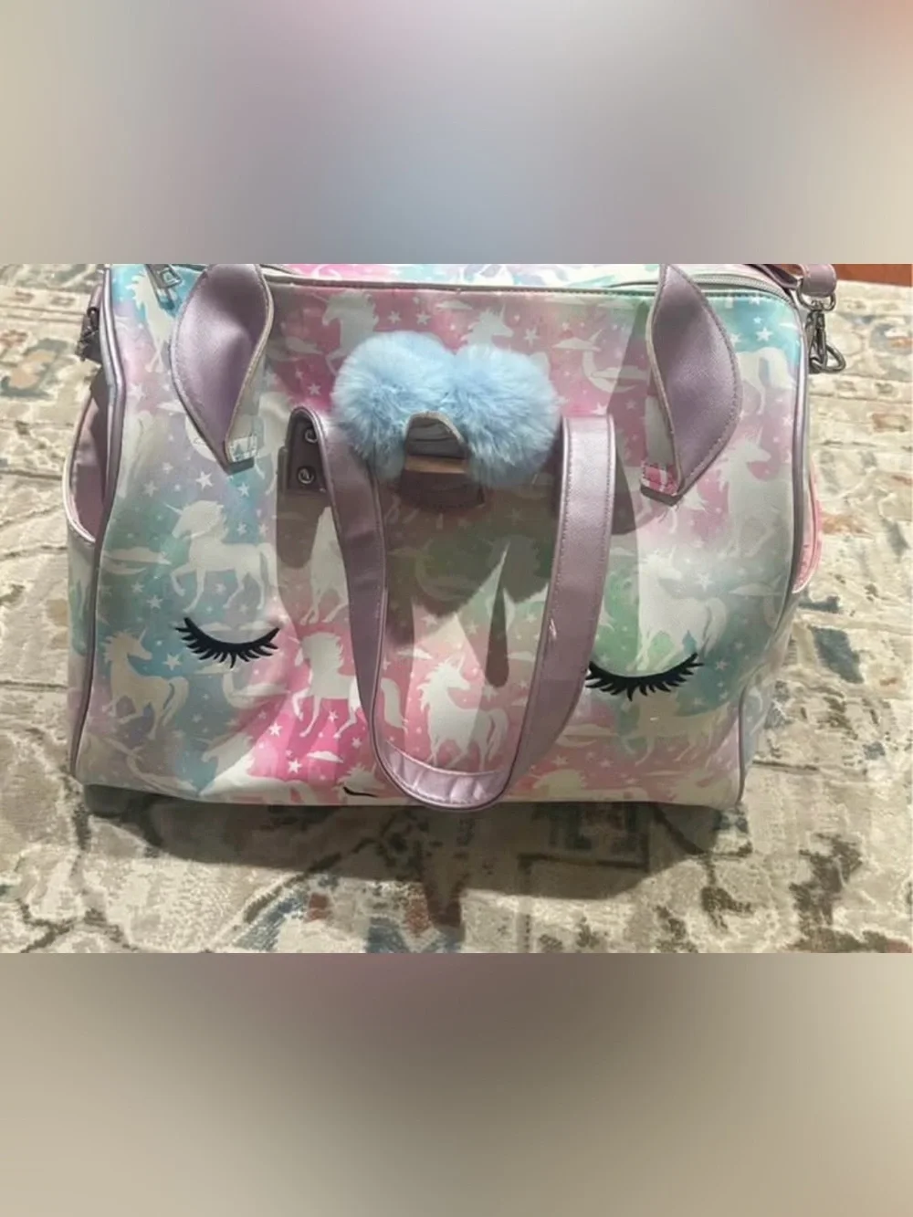 Unicorn Print Kids Tote Bag with Blue Pom-Pom